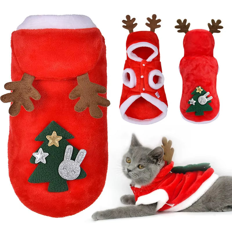 Flannel Dog Clothes for Winter, Christmas Santa & Reindeer Cat Costume, Warm Holiday Pet Apparel