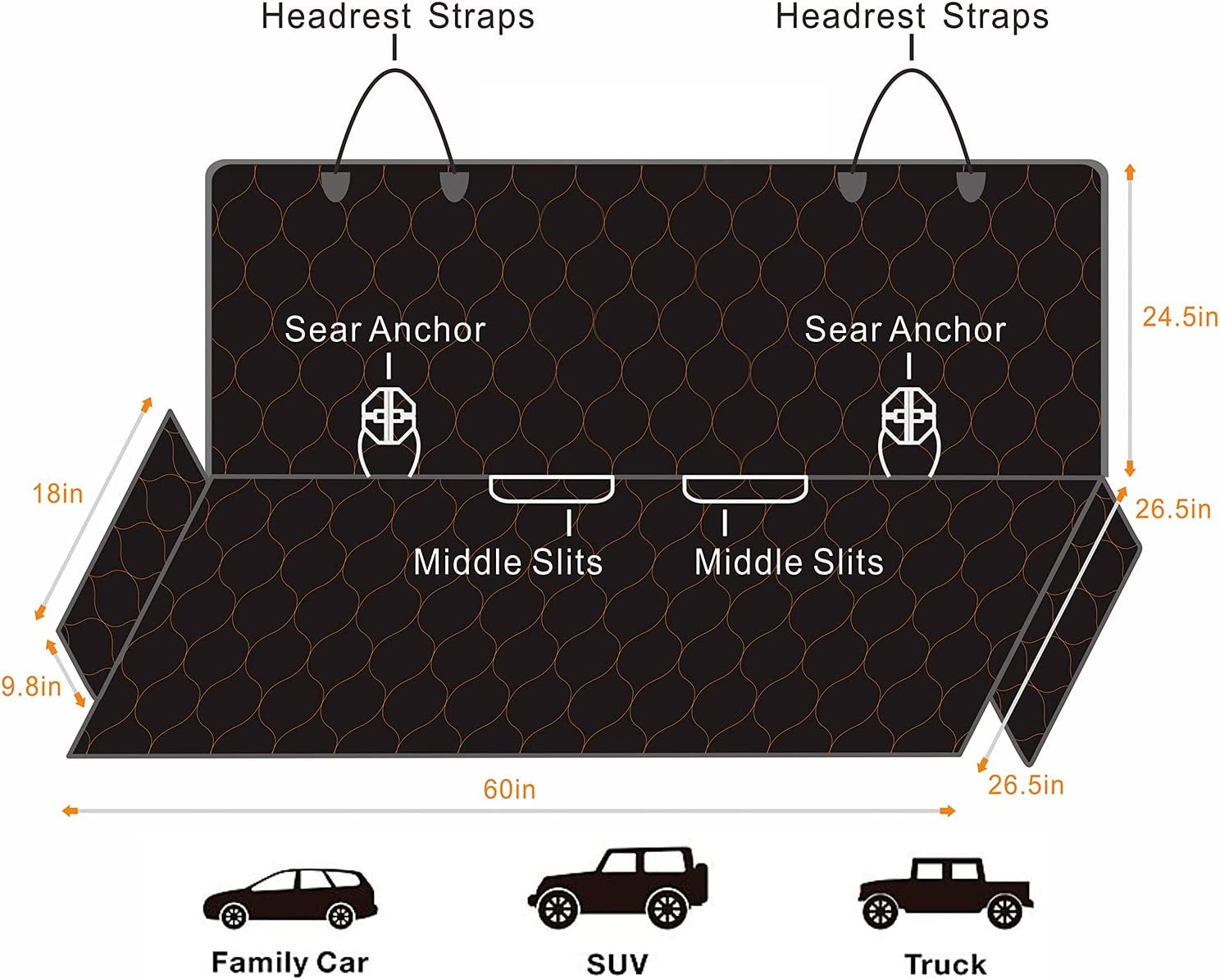 Dog Car Seat Cover Waterproof Pet Bench Seat Cover Nonslip and Heavy Duty Pet Car Seat Cover for Dogs with Universal Size Fits Cars, Trucks and Suvs (60" W X 51" L, Black)