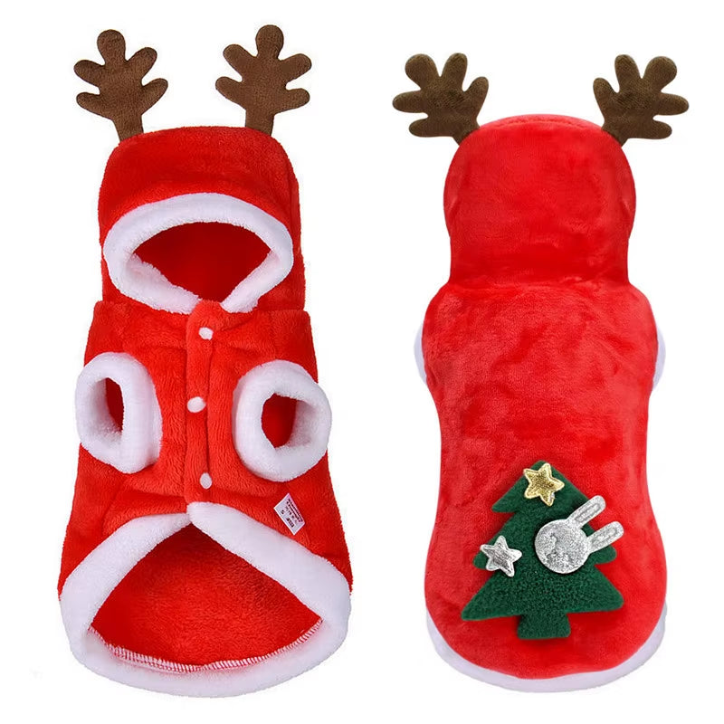 Flannel Dog Clothes for Winter, Christmas Santa & Reindeer Cat Costume, Warm Holiday Pet Apparel