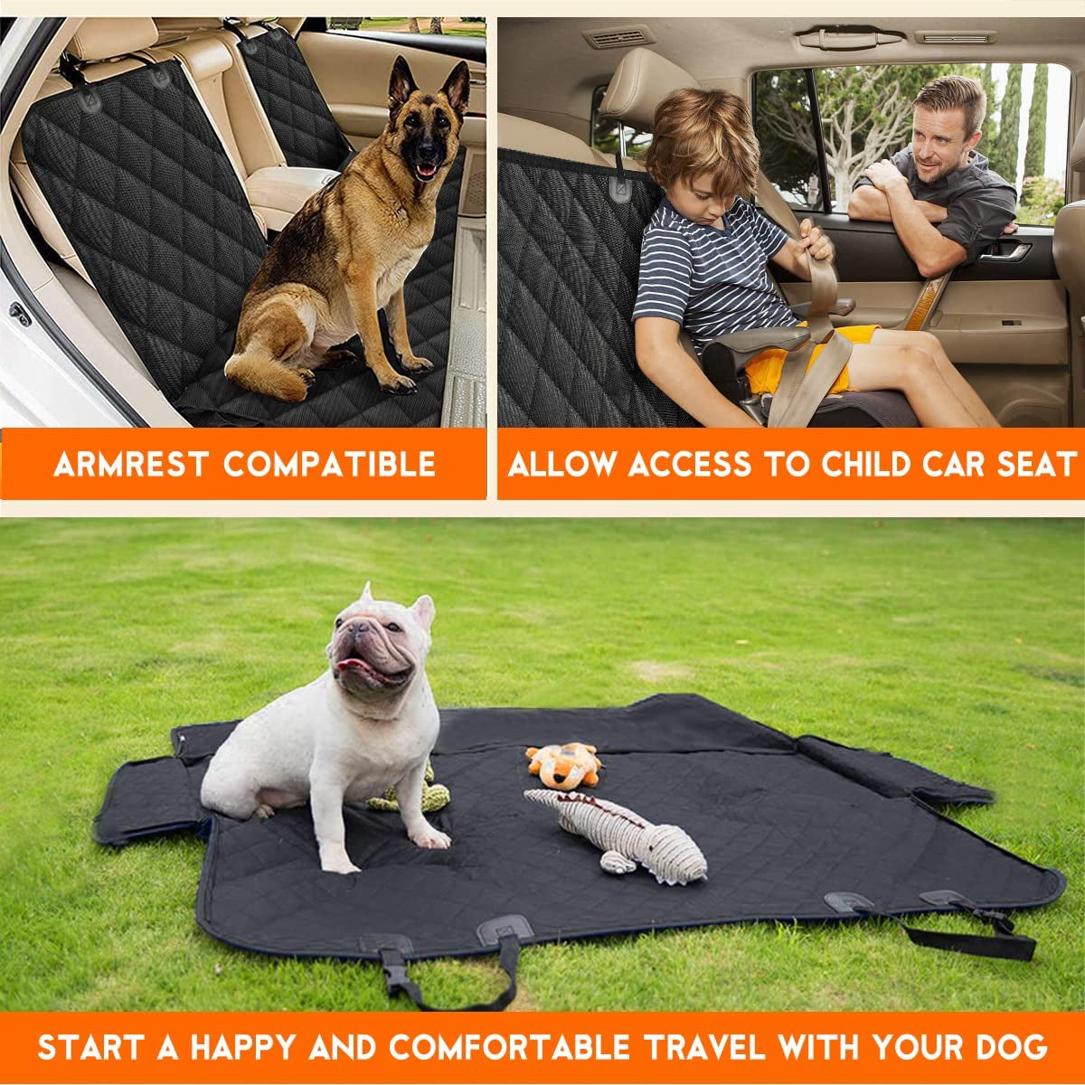 Dog Car Seat Cover - Waterproof Back Seat Protector for Pets, Non-Slip Design with Armrest Compatibility for Most Cars, Trucks, and SUVs - Black
