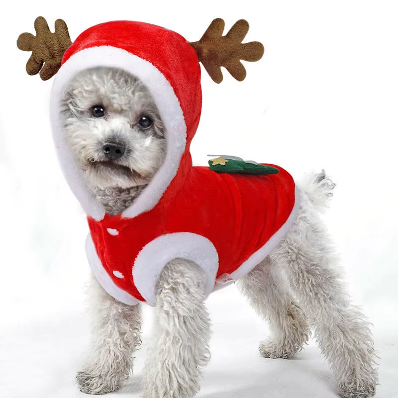 Flannel Dog Clothes for Winter, Christmas Santa & Reindeer Cat Costume, Warm Holiday Pet Apparel